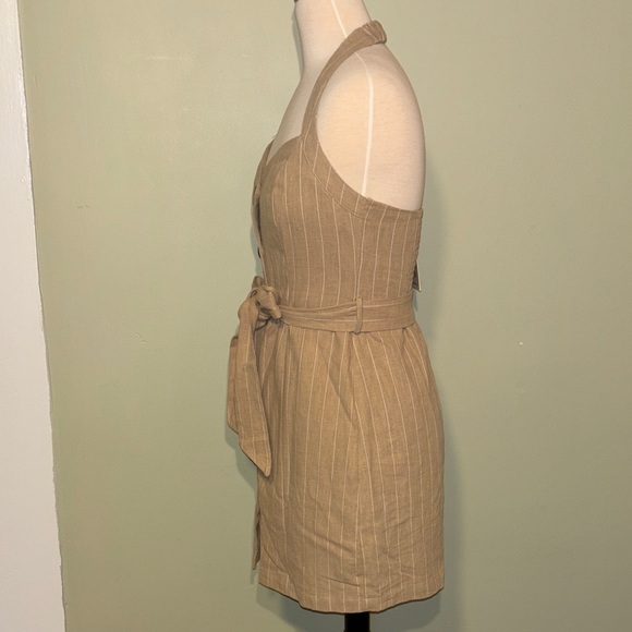 LOST & WANDER Chic tan/white striped Button-Down Halter Mini Dress size Small - Picture 9 of 13